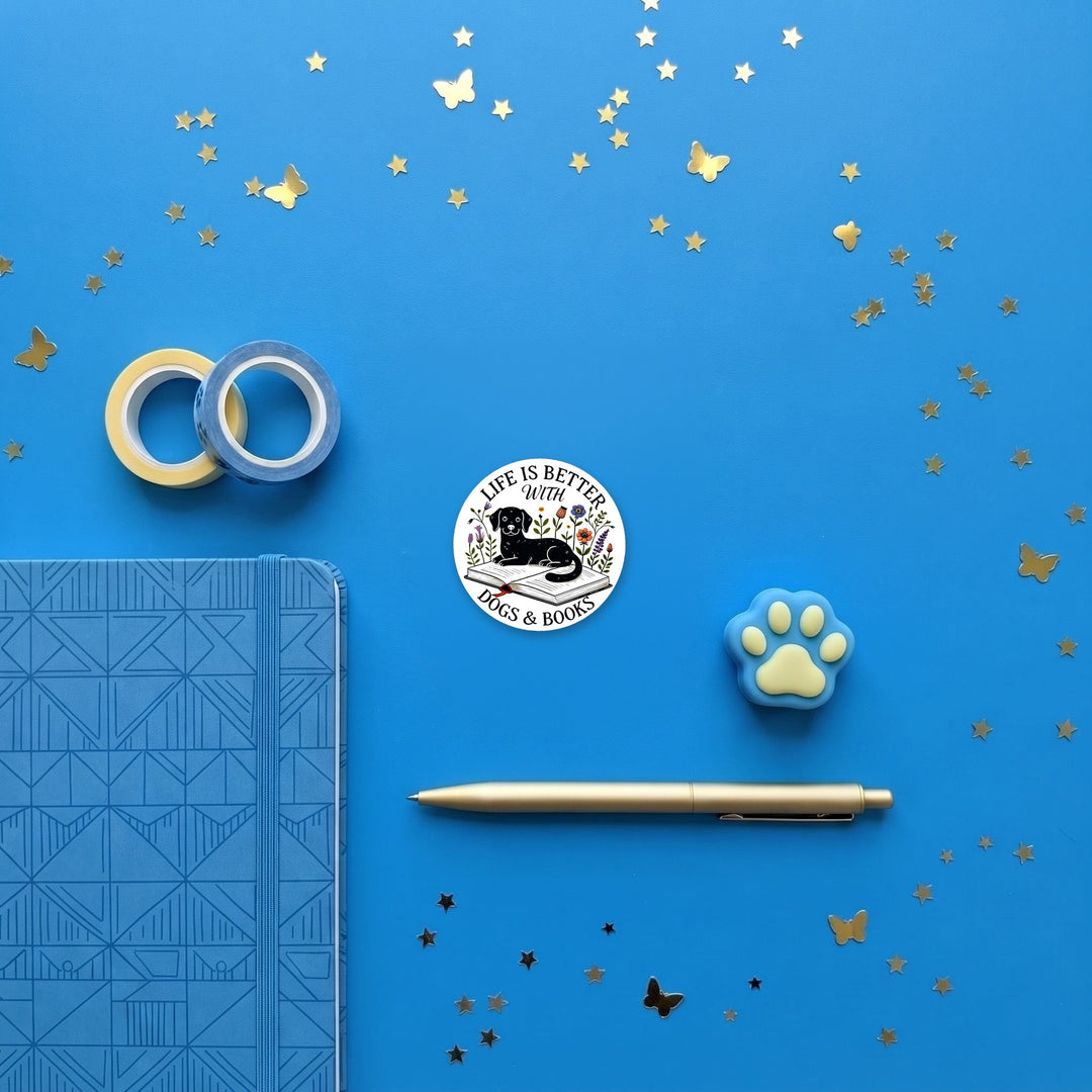 Life is Better with Dogs and Books 3 inch sticker flat lay with blue and yellow stationery – Designs by Mysh