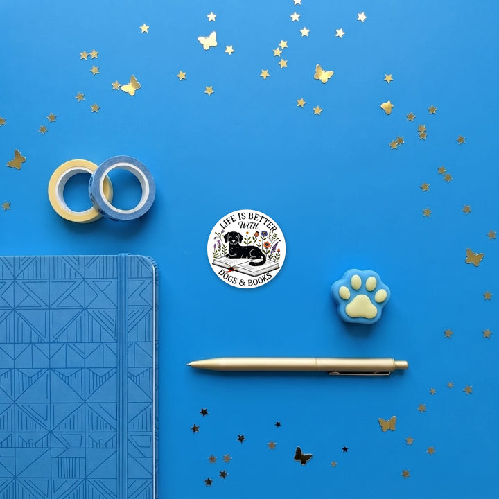 Life is Better with Dogs and Books 3 inch sticker flat lay with blue and yellow stationery – Designs by Mysh