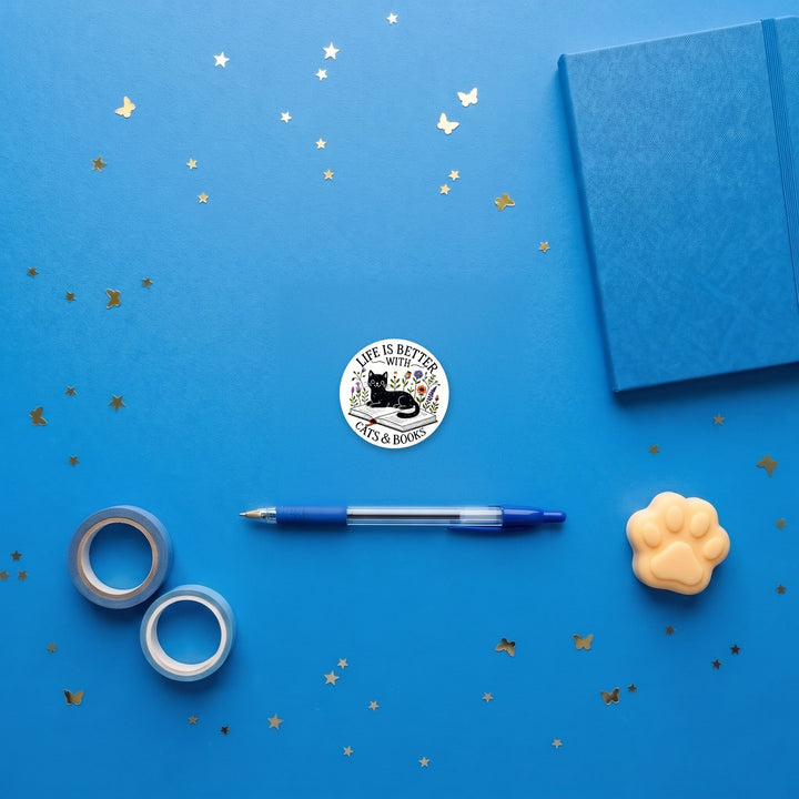 Life is Better with Cats and Books 3 inch sticker flat lay with blue and yellow stationery – Designs by Mysh