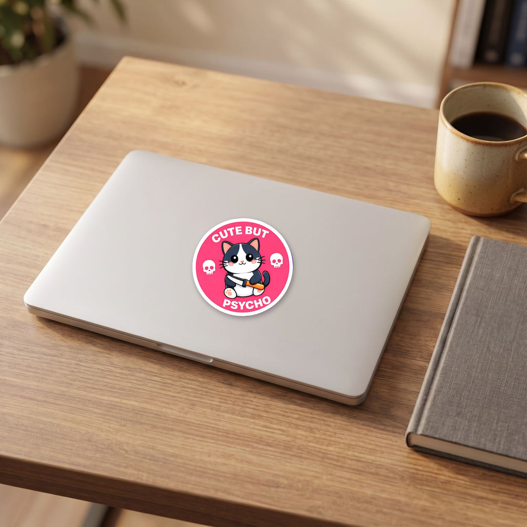 Cute But Psycho Cat vinyl sticker on a laptop lid – Designs by Mysh