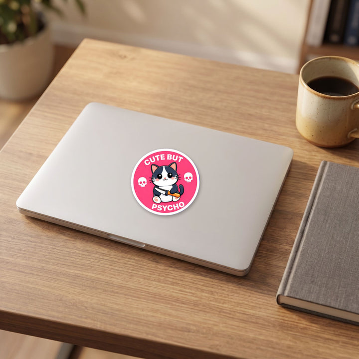 Cute But Psycho Cat vinyl sticker on a laptop lid – Designs by Mysh
