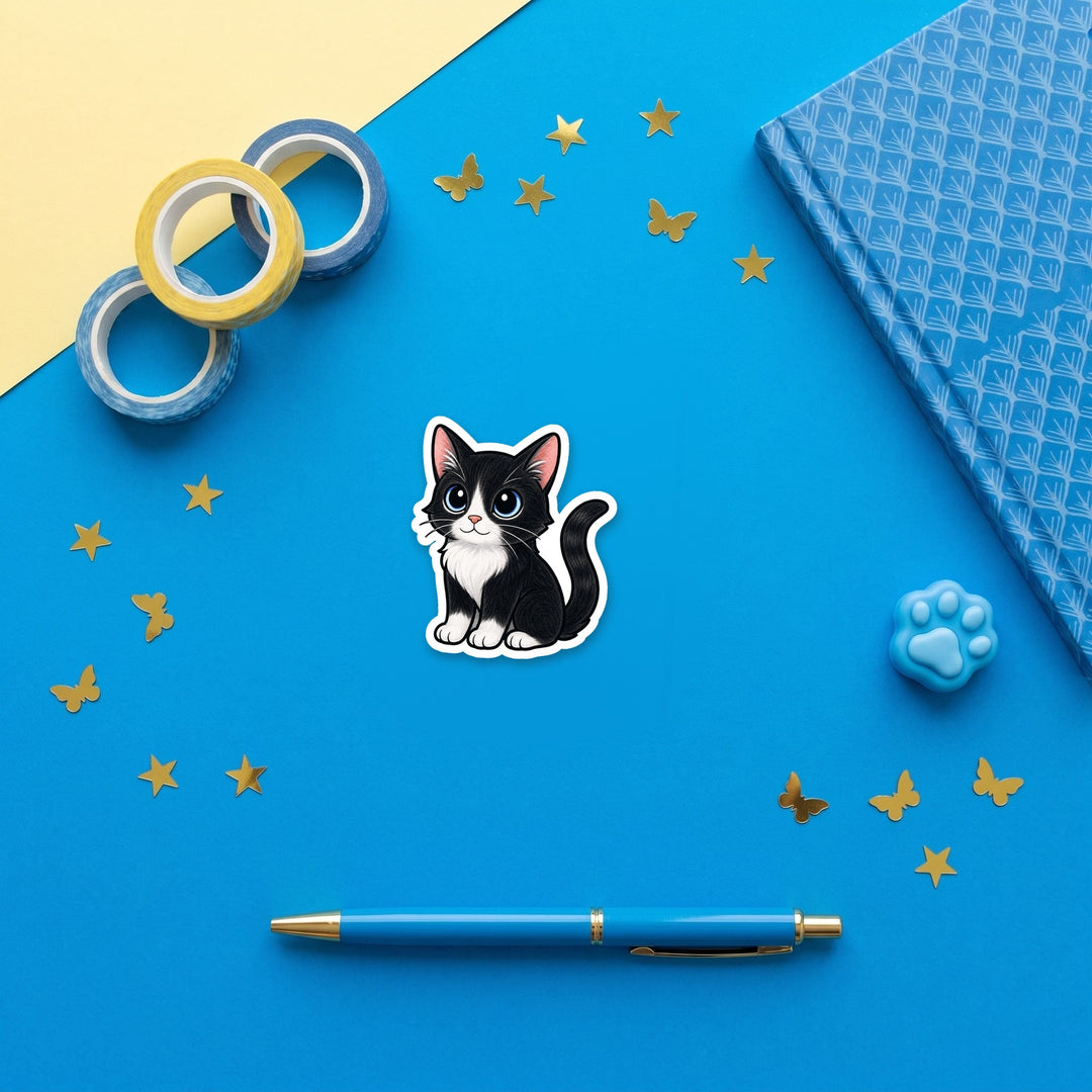 Tuxedo Cat Black and White kawaii 3 inch sticker flat lay with blue and yellow stationery – Designs by Mysh