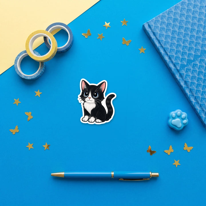 Tuxedo Cat Black and White kawaii 3 inch sticker flat lay with blue and yellow stationery – Designs by Mysh