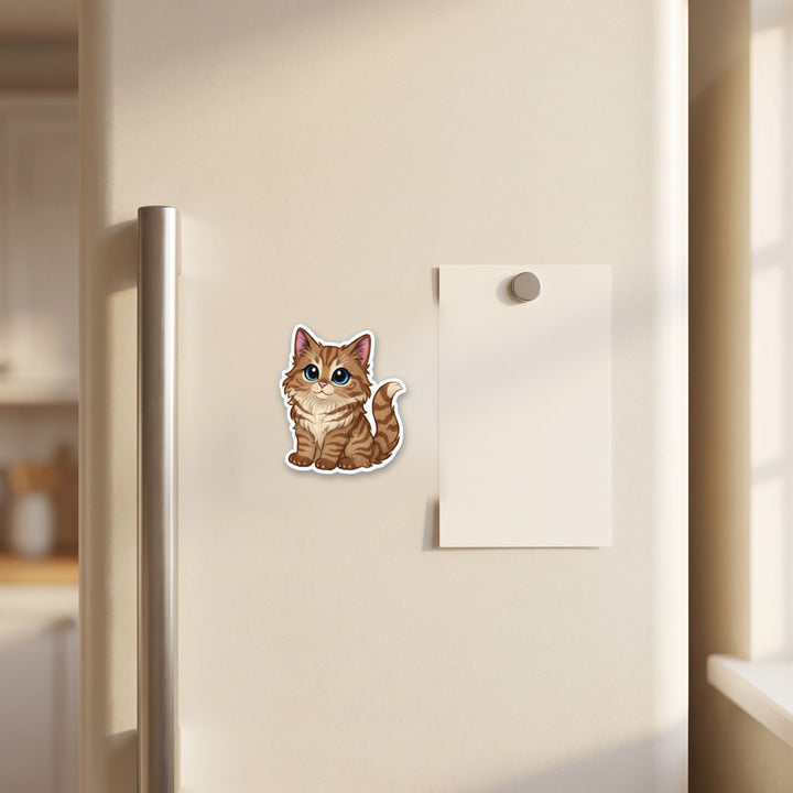 Maine Coon Brown Tabby kawaii fridge magnet on a refrigerator door – Designs by Mysh