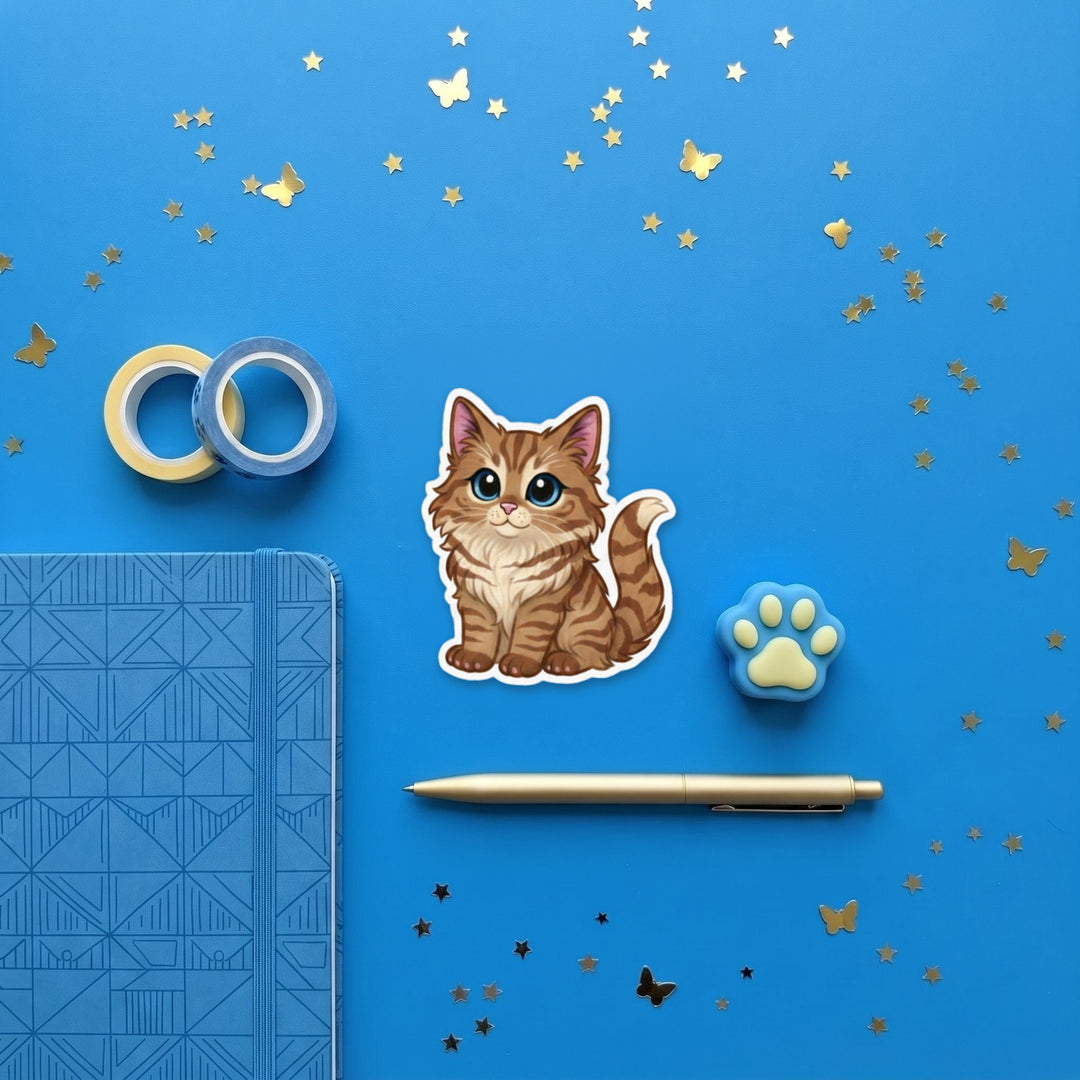 Maine Coon Brown Tabby kawaii 3 inch fridge magnet flat lay with blue and yellow stationery – Designs by Mysh