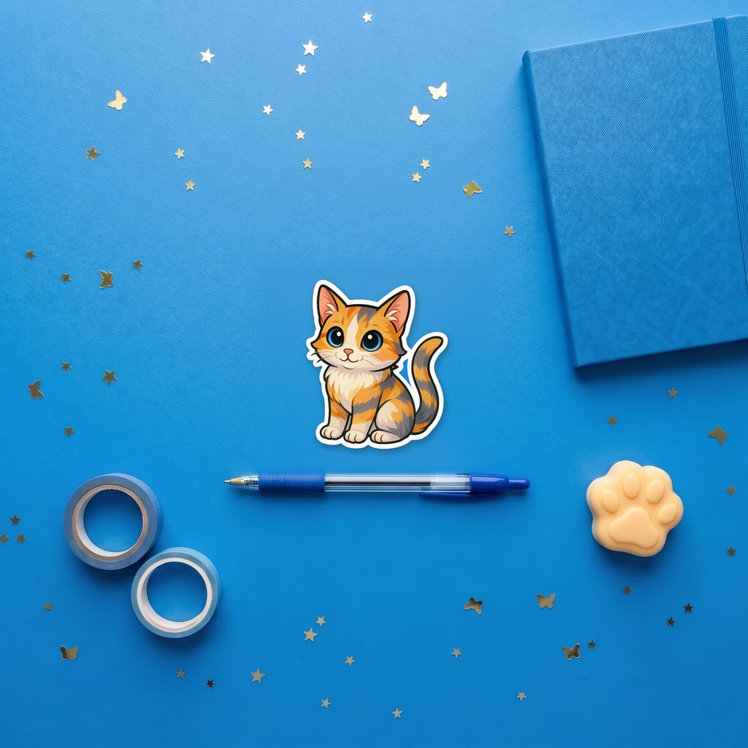 Dilute Calico kawaii 3 inch fridge magnet flat lay with blue and yellow stationery – Designs by Mysh
