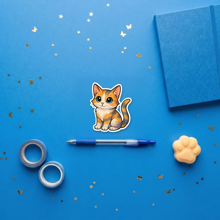 Dilute Calico kawaii 3 inch fridge magnet flat lay with blue and yellow stationery – Designs by Mysh