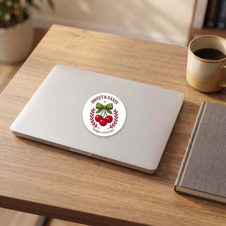 Sweet and Sassy Cherry vinyl sticker on a laptop lid – Designs by Mysh