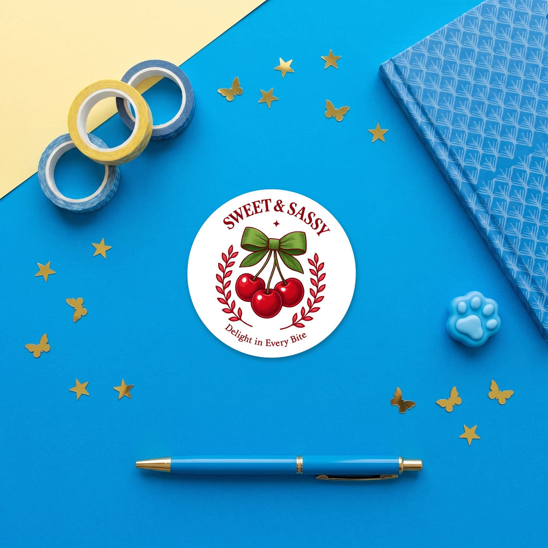 Sweet and Sassy Cherry 3 inch sticker flat lay with blue and yellow stationery – Designs by Mysh