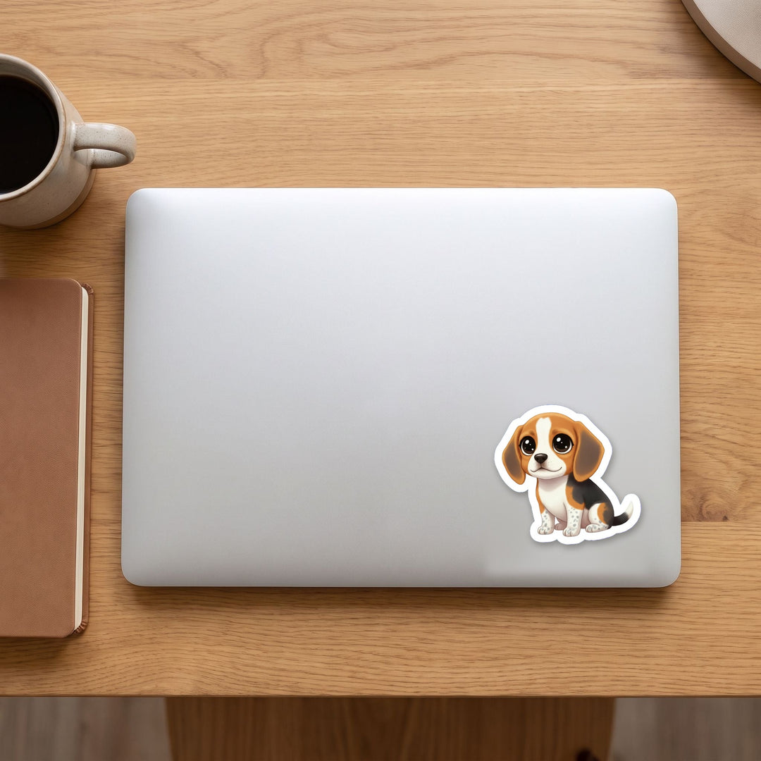 Beagle Black Tan Bluetick kawaii vinyl sticker on a laptop lid – Designs by Mysh