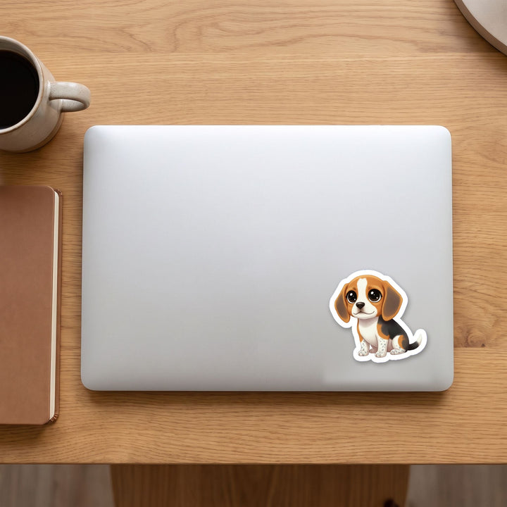 Beagle Black Tan Bluetick kawaii vinyl sticker on a laptop lid – Designs by Mysh
