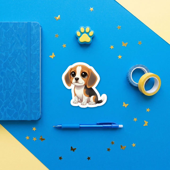 Beagle Black Tan Bluetick kawaii 3 inch sticker flat lay with blue and yellow stationery – Designs by Mysh