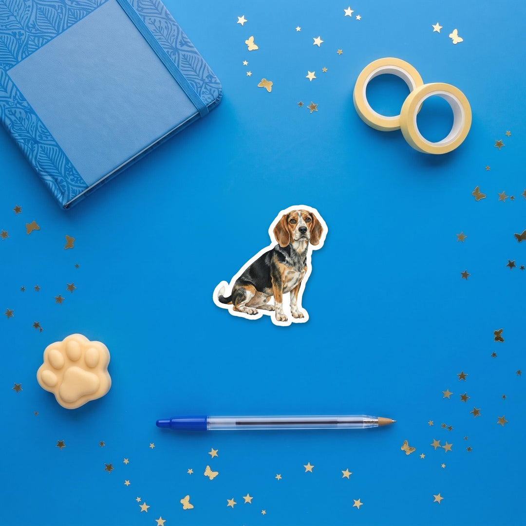 Beagle Black Tan Bluetick watercolor 3 inch sticker flat lay with blue and yellow stationery – Designs by Mysh