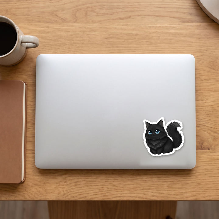 Turkish Angora Black kawaii vinyl sticker on a laptop lid – Designs by Mysh