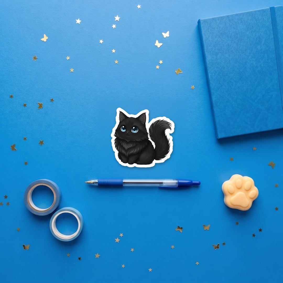 Turkish Angora Black kawaii 3 inch sticker flat lay with blue and yellow stationery – Designs by Mysh
