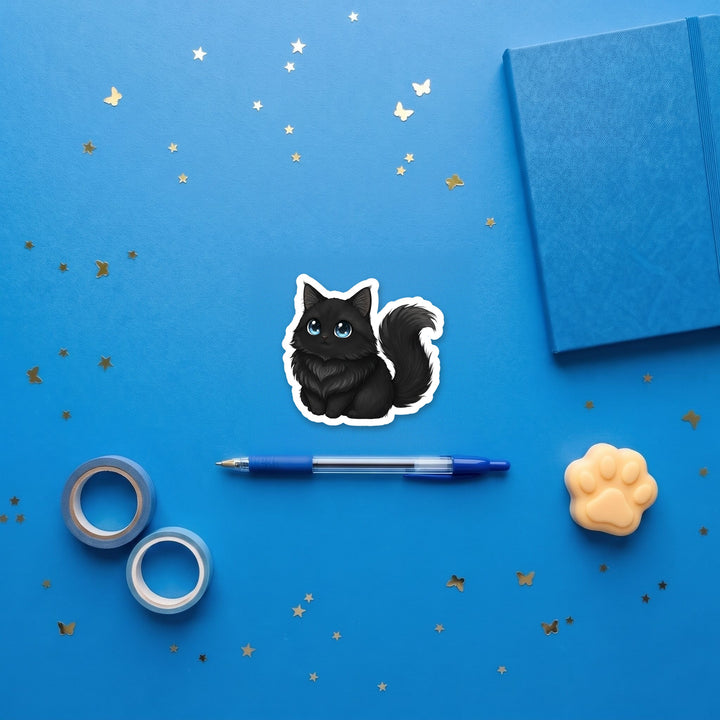 Turkish Angora Black kawaii 3 inch sticker flat lay with blue and yellow stationery – Designs by Mysh