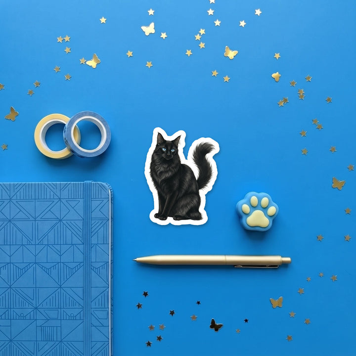 Turkish Angora Black watercolor 3 inch sticker flat lay with blue and yellow stationery – Designs by Mysh