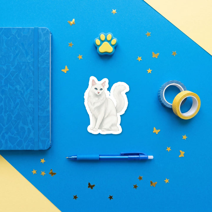Turkish Angora White watercolor 3 inch sticker flat lay with blue and yellow stationery – Designs by Mysh