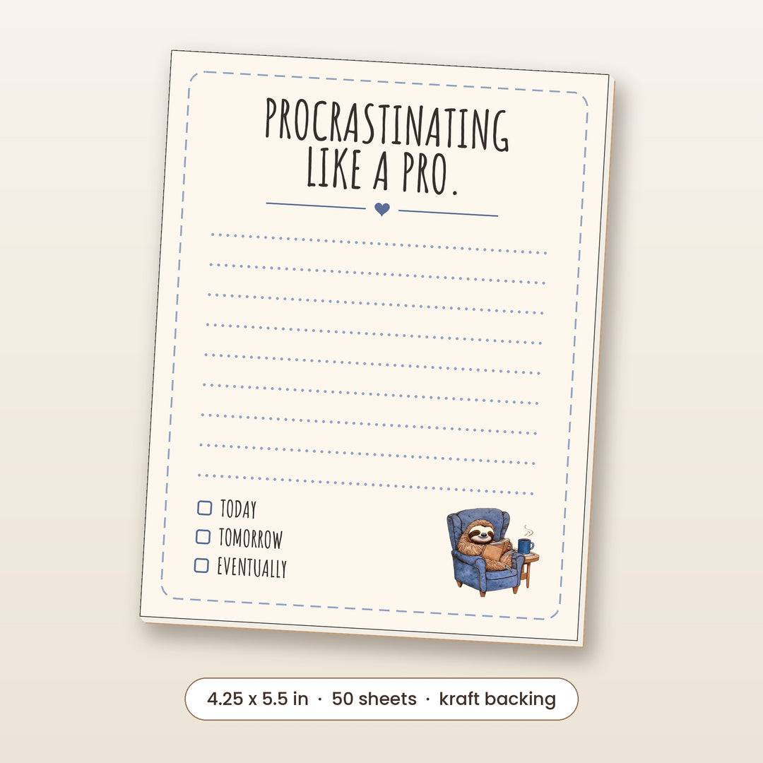 Procrastinating Like a Pro sloth funny notepad, 4.25 x 5.5 inch, 50 sheets