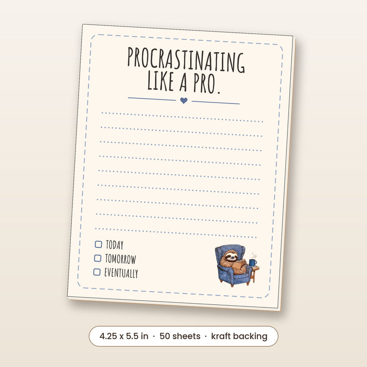 Procrastinating Like a Pro sloth funny notepad, 4.25 x 5.5 inch, 50 sheets