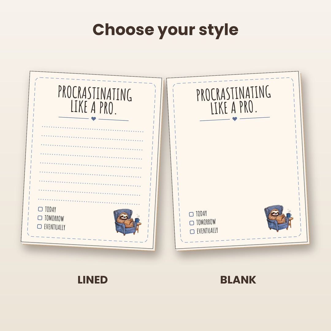 Procrastinating Like a Pro sloth notepad in lined and blank styles