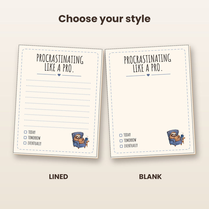 Procrastinating Like a Pro sloth notepad in lined and blank styles