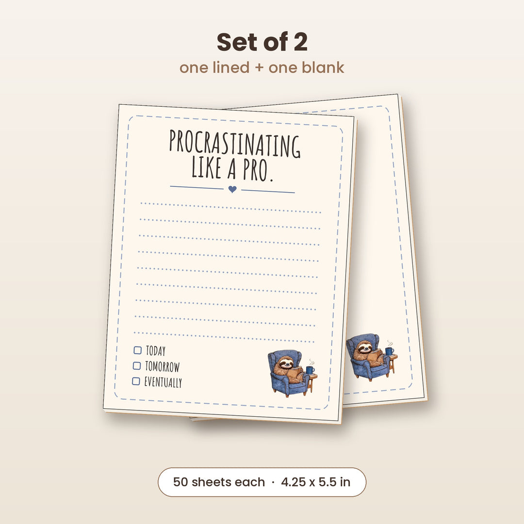 Procrastinating Like a Pro sloth notepad set of 2, one lined and one blank