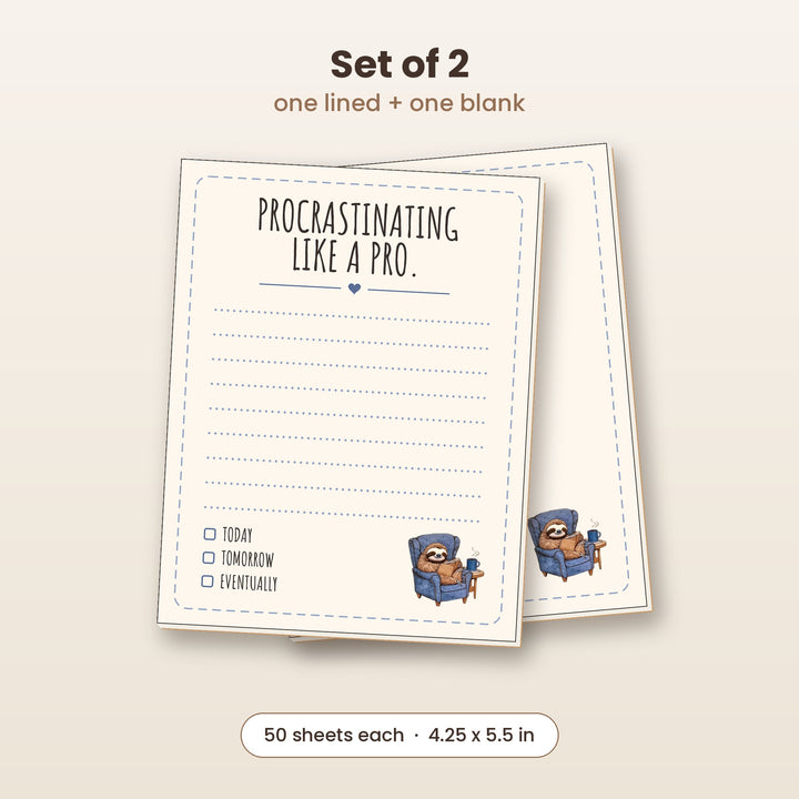 Procrastinating Like a Pro sloth notepad set of 2, one lined and one blank