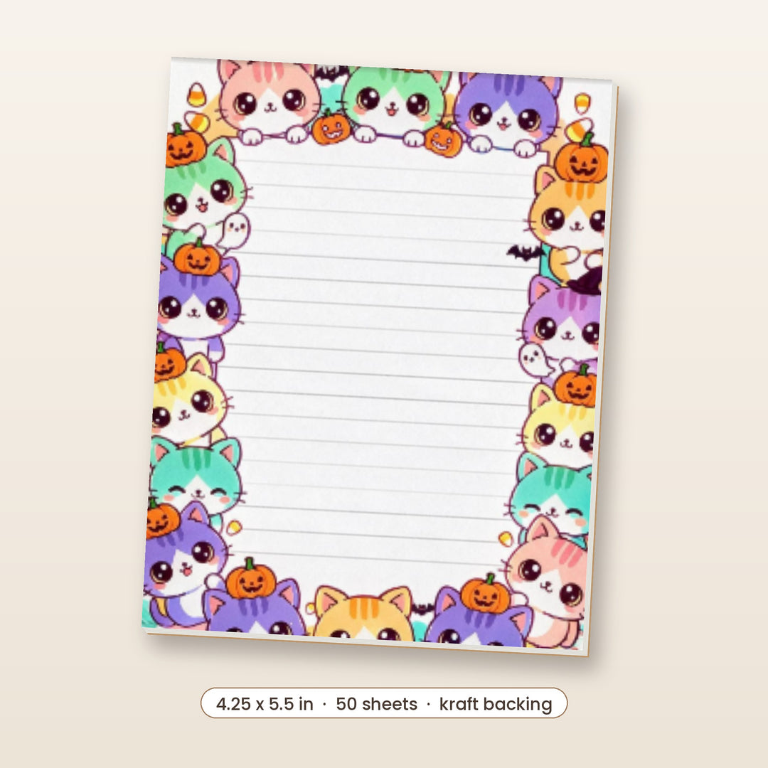 Pastel kawaii pumpkin cats Halloween notepad, 4.25 x 5.5 inch, 50 sheets