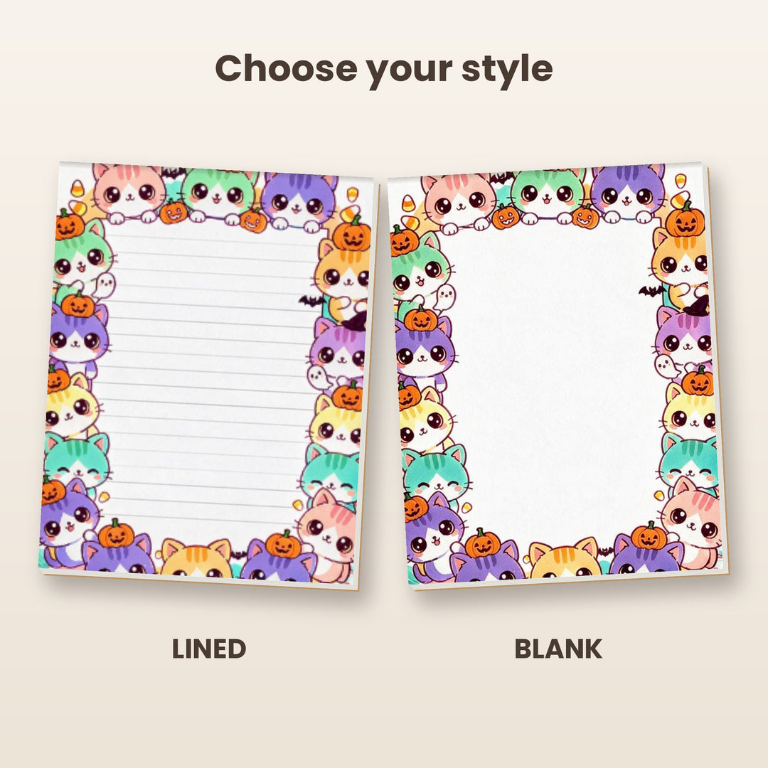 Pastel kawaii pumpkin cats notepad in lined and blank styles