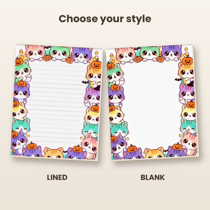 Pastel kawaii pumpkin cats notepad in lined and blank styles