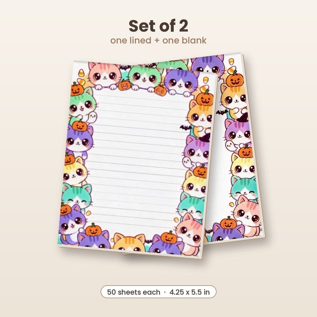 Pastel kawaii pumpkin cats notepad set of 2, one lined and one blank