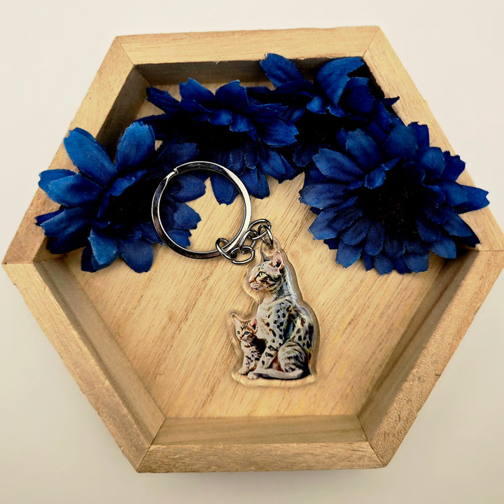 Egyptian Mau Cat and Kitten Keychain, Spotted Cat Acrylic Charm, Cat Lover Gift, Pet Mom Key Ring - Designs by Mysh