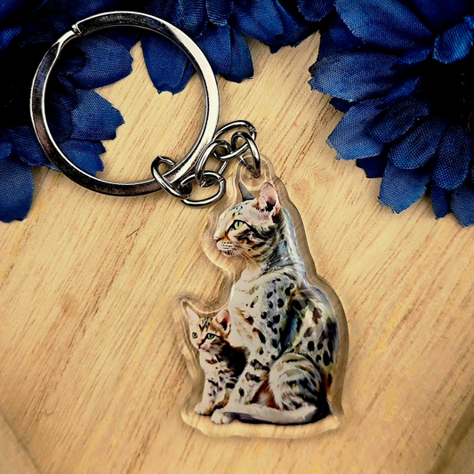 Egyptian Mau Cat and Kitten Keychain, Spotted Cat Acrylic Charm, Cat Lover Gift, Pet Mom Key Ring