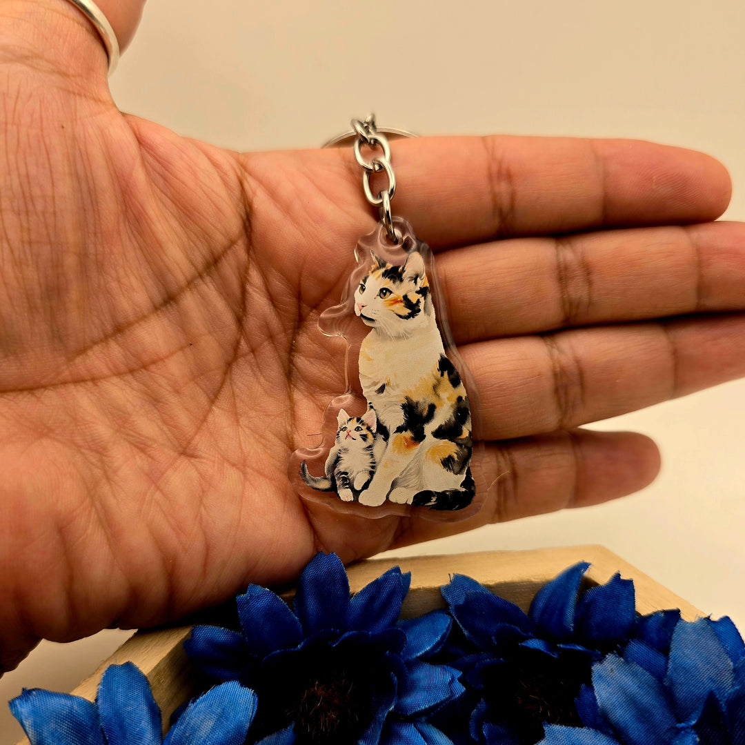 Calico Cat and Kitten Keychain, Acrylic Cat Mom Charm, Cute Pet Lover Gift, Handmade Cat Key Ring - Designs by Mysh