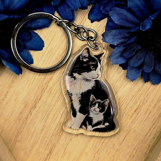 Tuxedo Cat and Kitten Keychain, Black & White Cat Charm, Acrylic Pet Gift, Cute Cat Mom Key Ring