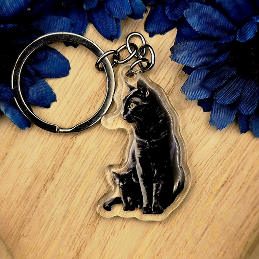 Black Cat and Kitten Keychain, Black Cat Acrylic Charm, Pet Lover Gift, Cute Cat Accessory, Cat Mom Key Ring