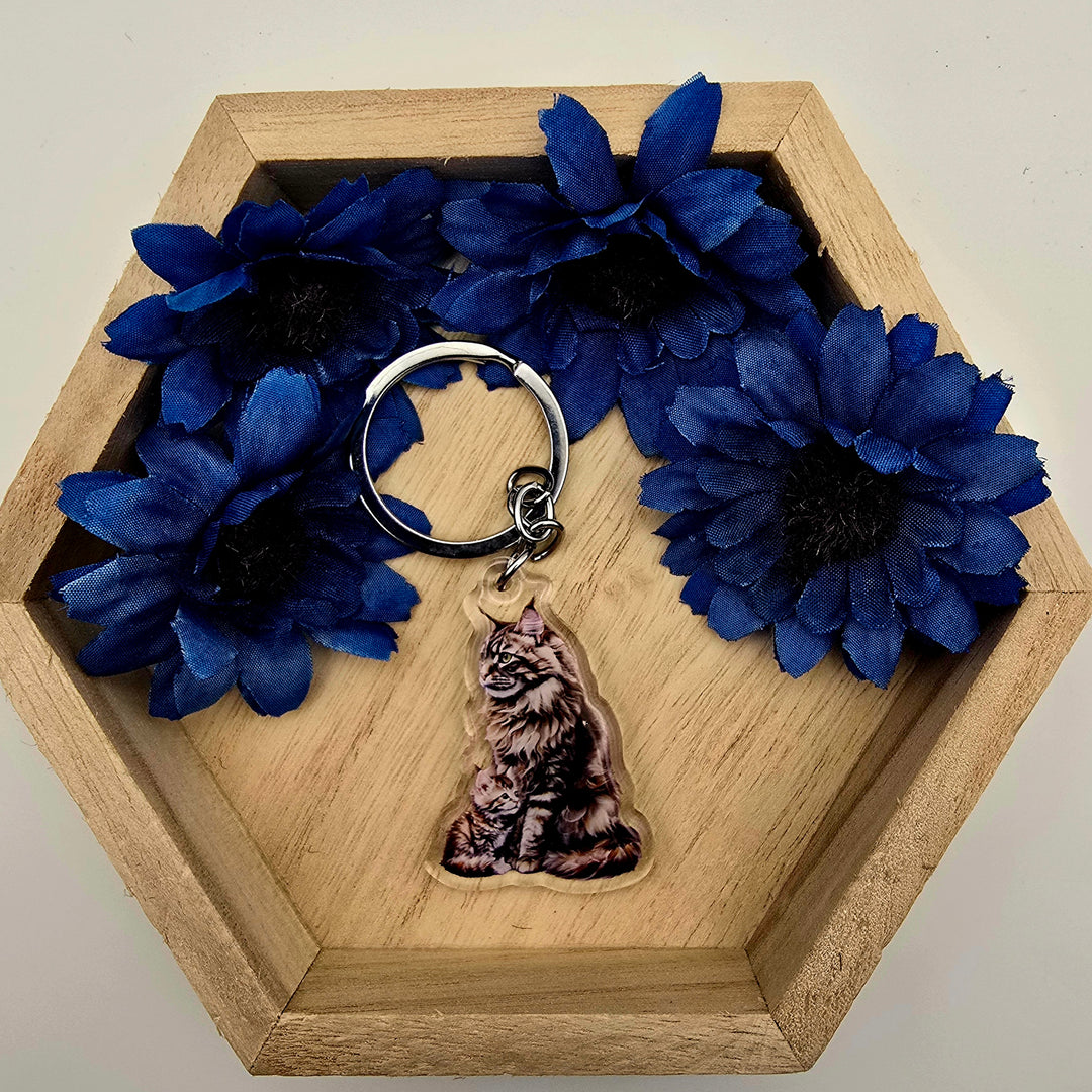 Brown Maine Coon Cat and Kitten Keychain, Fluffy Cat Mom Charm, Acrylic Pet Gift, Cat Lover Key Ring - Designs by Mysh