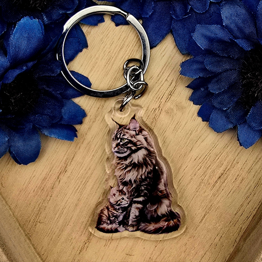 Brown Maine Coon Cat and Kitten Keychain, Fluffy Cat Mom Charm, Acrylic Pet Gift, Cat Lover Key Ring