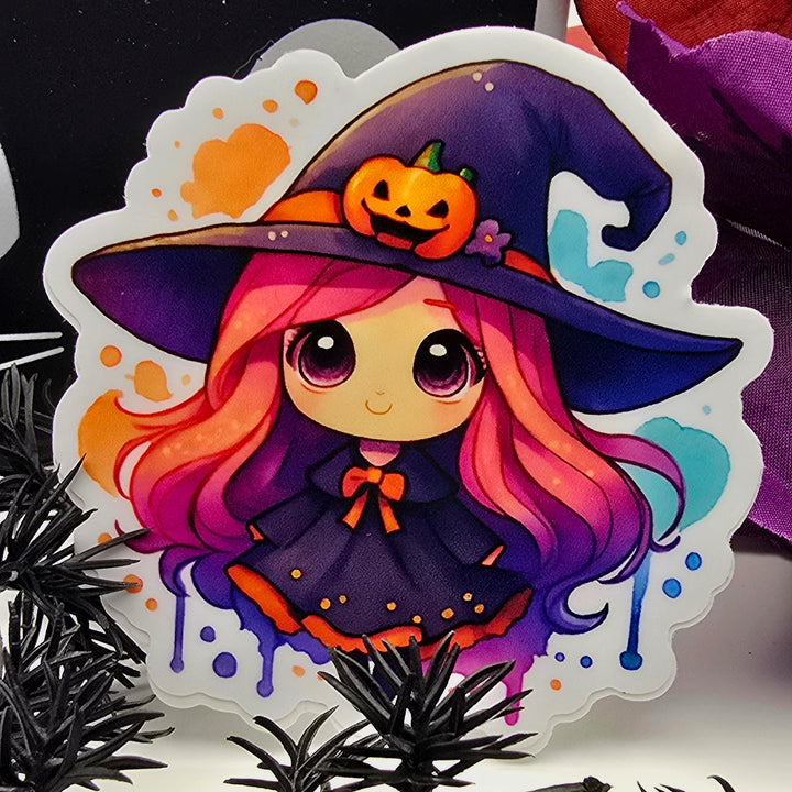 Kawaii Witch Sticker, Cute Halloween Girl Vinyl Decal, Pink Hair Pumpkin Hat Witch, Spooky Season Aesthetic Sticker - Designs by Mysh