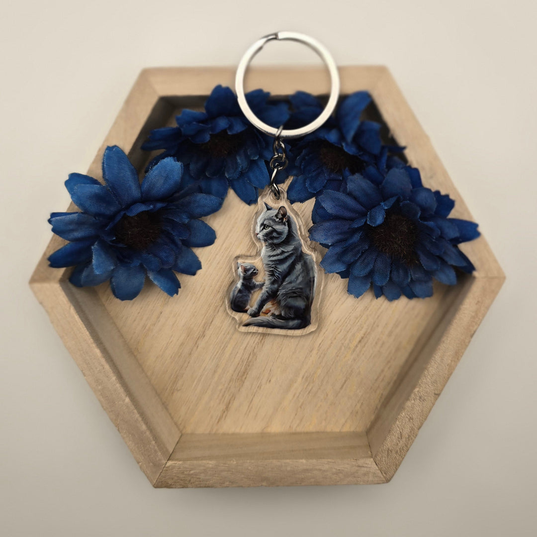 Russian Blue Cat and Kitten Keychain, Acrylic Cat Mom Charm, Gray Cat Lover Gift, Pet Key Ring - Designs by Mysh