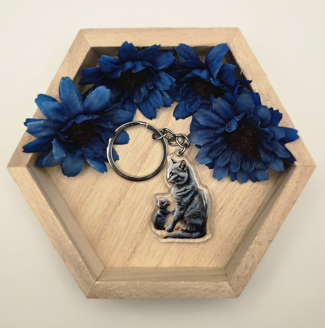 Russian Blue Cat and Kitten Keychain, Acrylic Cat Mom Charm, Gray Cat Lover Gift, Pet Key Ring - Designs by Mysh