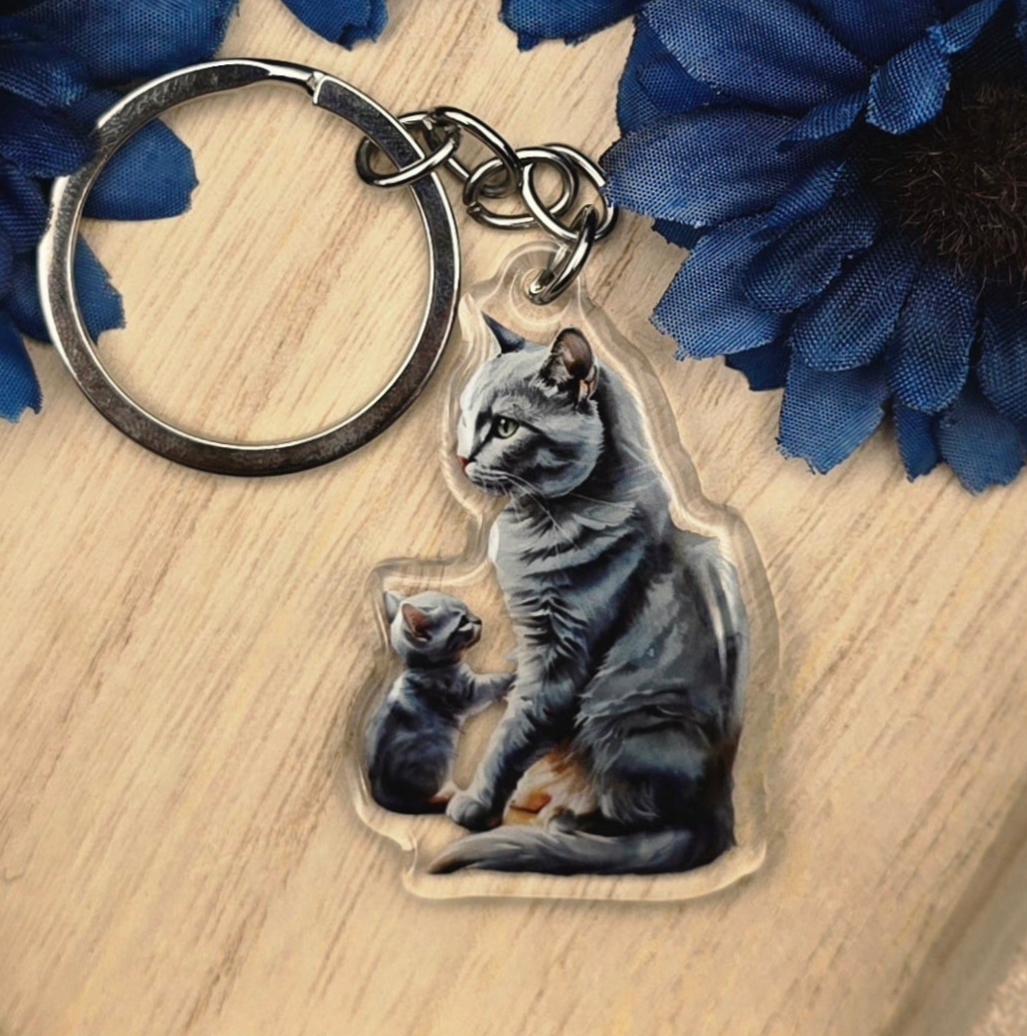 Russian Blue Cat and Kitten Keychain, Acrylic Cat Mom Charm, Gray Cat Lover Gift, Pet Key Ring - Designs by Mysh
