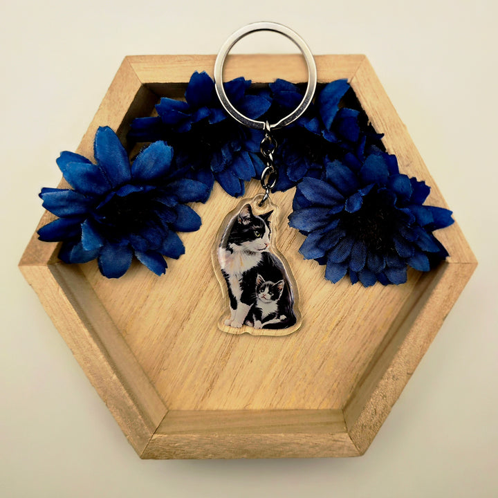 Tuxedo Cat and Kitten Keychain, Black & White Cat Charm, Acrylic Pet Gift, Cute Cat Mom Key Ring - Designs by Mysh