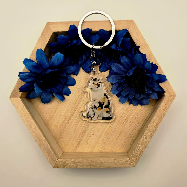 Calico Cat and Kitten Keychain, Acrylic Cat Mom Charm, Cute Pet Lover Gift, Handmade Cat Key Ring - Designs by Mysh