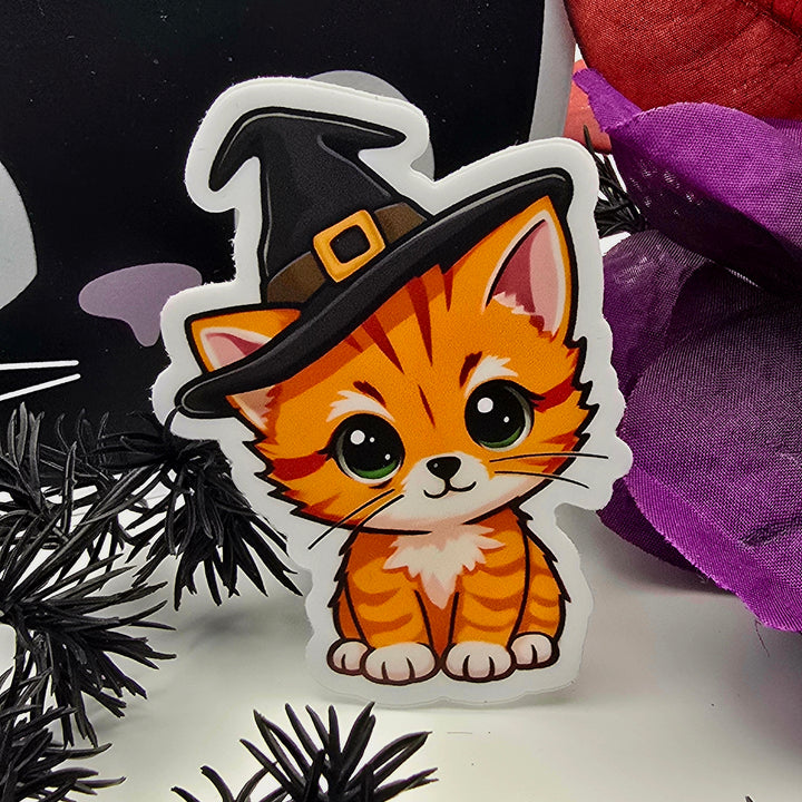 Witch Cat Halloween Vinyl Decal Sticker, Cute Orange Tabby Vinyl Decal, Kawaii Fall Cat Sticker, Spooky Season Kitty Planner Decor - Designs by Mysh