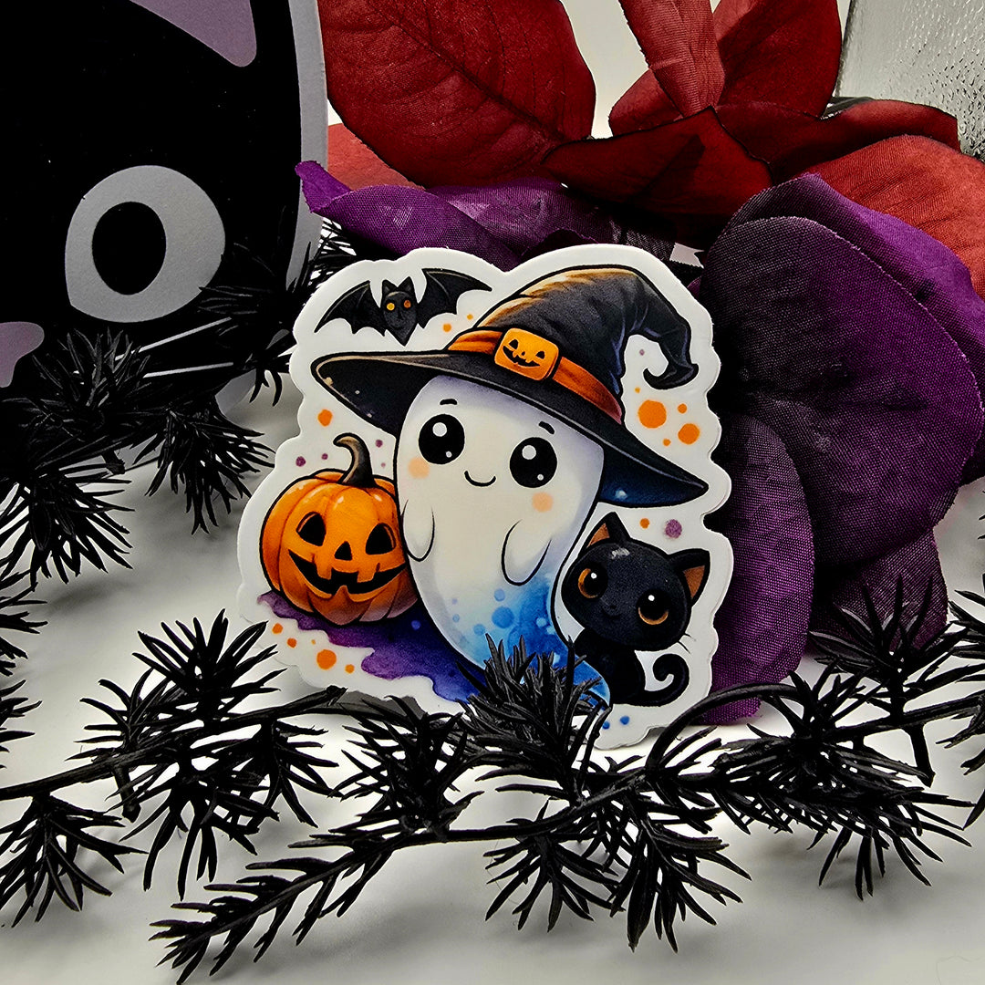 Halloween Ghost Cat Sticker, Kawaii Witch Ghost Vinyl, Pumpkin Bat Cute Fall Sticker, Spooky Season Aesthetic Decor - Designs by Mysh