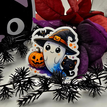 Halloween Ghost Cat Sticker, Kawaii Witch Ghost Vinyl, Pumpkin Bat Cute Fall Sticker, Spooky Season Aesthetic Decor
