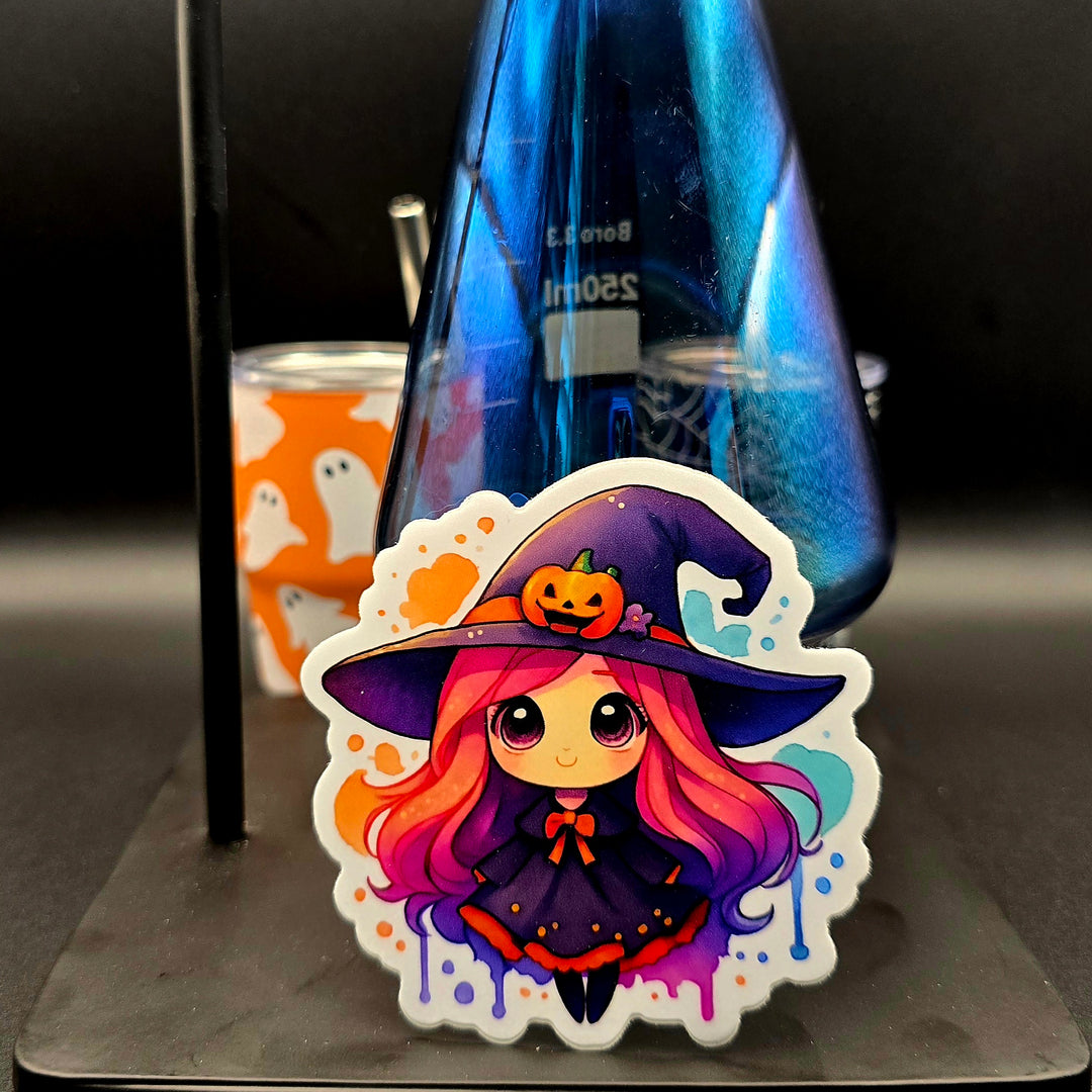 Kawaii Witch Sticker, Cute Halloween Girl Vinyl Decal, Pink Hair Pumpkin Hat Witch, Spooky Season Aesthetic Sticker - Designs by Mysh