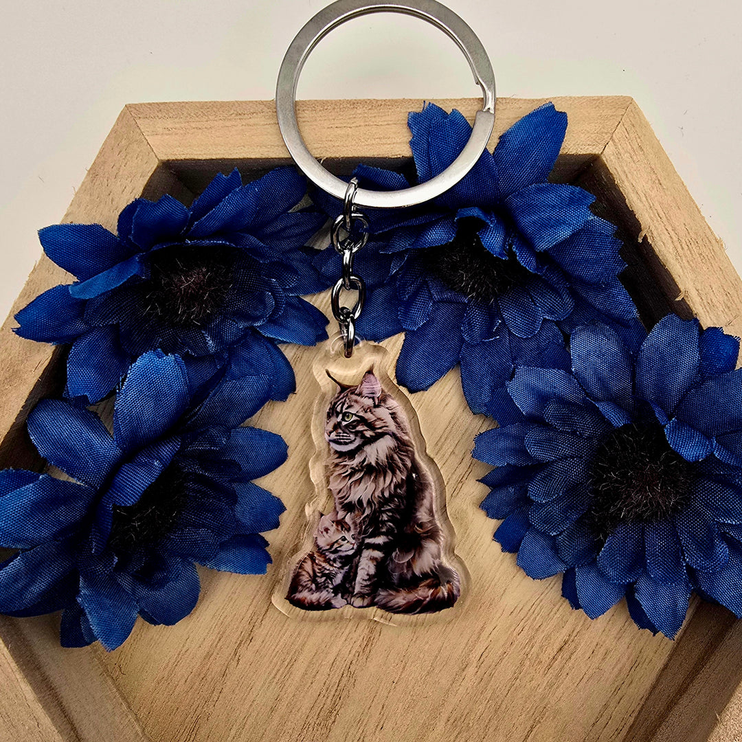 Brown Maine Coon Cat and Kitten Keychain, Fluffy Cat Mom Charm, Acrylic Pet Gift, Cat Lover Key Ring - Designs by Mysh